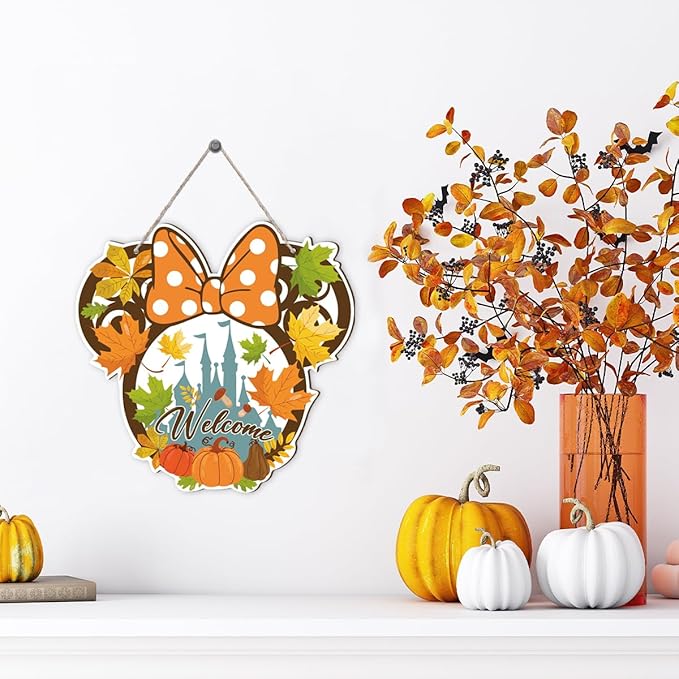 Fall Mouse Welcome Door Sign, Wooden Maple Leaves Mushroom Hanging Decor for Front Door, Fall Wood Wreath Wall Decor for Autumn Harvest Thanksgiving Home Decorations, Housewarming Gift-Ruum Studio Home