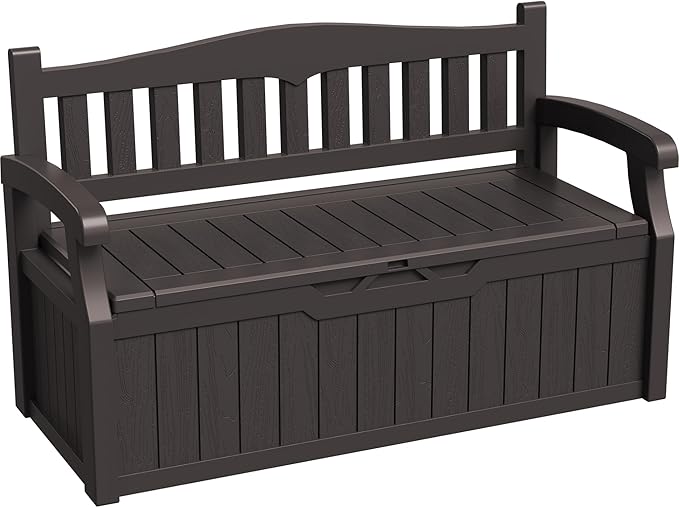 Greesum 80 Gallon Storage Bench Outdoor Deck Box with Armrest, Patio Furniture,Lockable, Waterproof and UV Resistant, Suitable for Garden, Pool, Brown-Ruum Studio Home