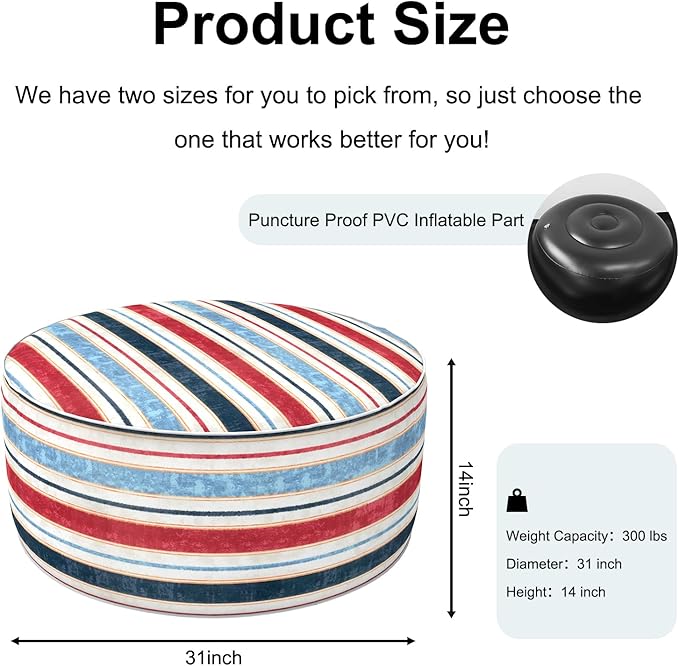 Inflatable Ottoman Stool D31 xH14 for Outdoor/Indoor Use, Water Repellent Patio Foot Rest Stool with Portable Handle,Round Pouf Ottoman Suitable for Garden,Deck and Camping - Stripe Red Blue-Ruum Studio Home