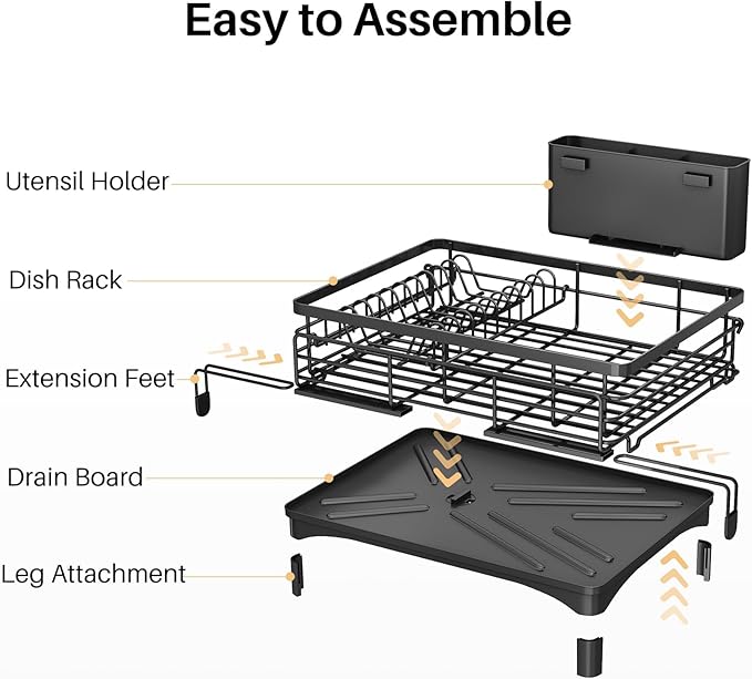Dish Drying Rack - Extendable Dish Rack, Large Sink Drying Dish Drainer for Kitchen Counter, Stainless Steel Dish Strainer with Utensil Holder (Black)-Ruum Studio Home