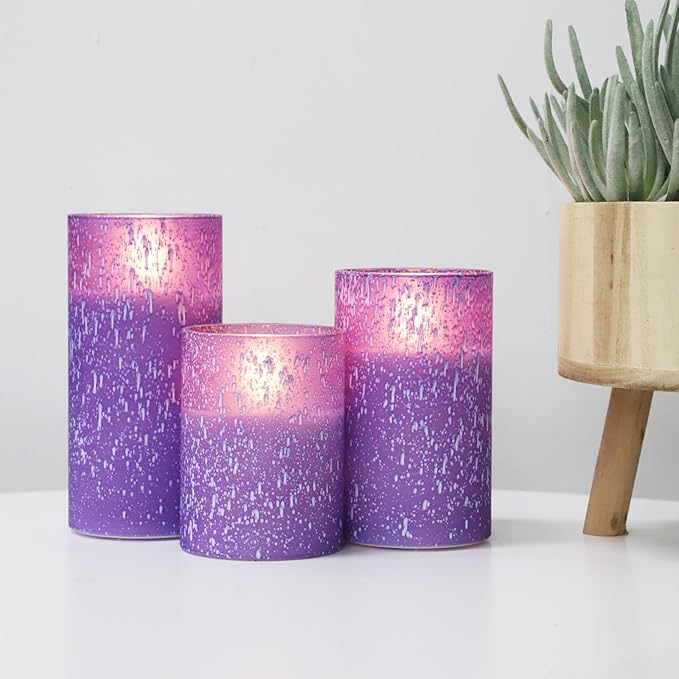 Purple Flameless Candles with Remote and Timer, Flickering Real Wax Battery Operated Candles, Set of 3 LED Pillar Candles for Halloween Christmas Wedding Home Decor-Ruum Studio Home