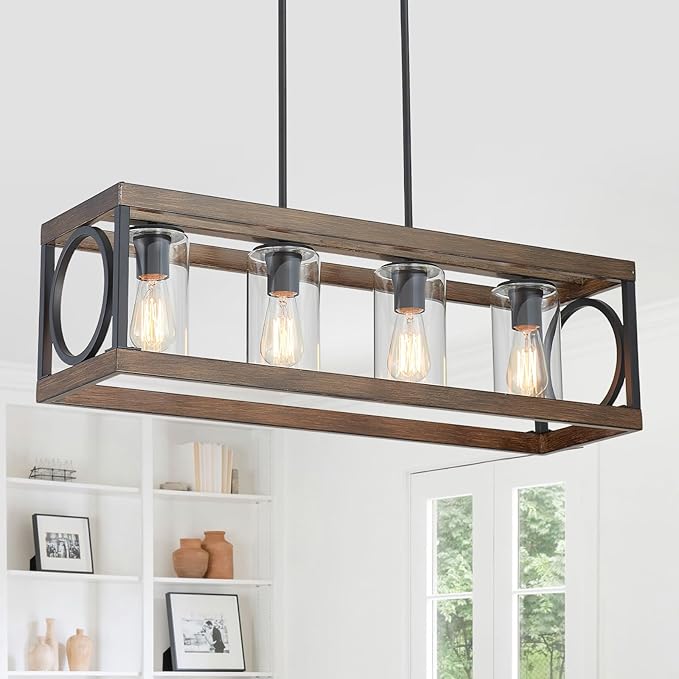 XINGQI Rectangle Chandeliers 31.5" Farmhouse Kitchen Island Lighting Fixture Over Table Modern Vintage Linear Hanging 4-Light for Dining Room Living Room Black Wood Grain Finish with Glass Lampshade-Ruum Studio Home