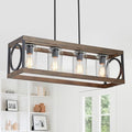 XINGQI Rectangle Chandeliers 31.5" Farmhouse Kitchen Island Lighting Fixture Over Table Modern Vintage Linear Hanging 4-Light for Dining Room Living Room Black Wood Grain Finish with Glass Lampshade-Ruum Studio Home