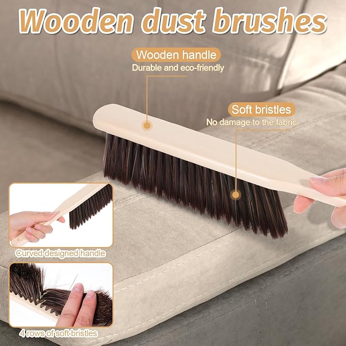 8 Pieces Woooden Dust Brush Hand Broom Bulk Bench Brush with Long Wood Handle Soft Bristle Whisk Broom for Counter Bed Sofa Bench Car Fireplace Clothes Household Cleaning-Ruum Studio Home