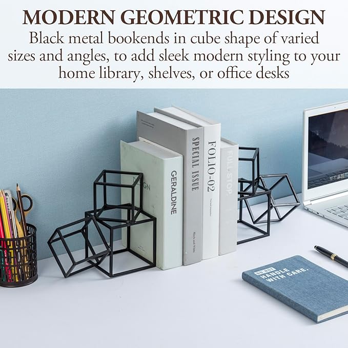 MyGift Modern Matte Black Metal Geometric Bookends in 3 Cube Frame Design, Decorative Book Stands for Home Library Bookshelf Office Desk, 1 Pair, Handcrafted in India-Ruum Studio Home