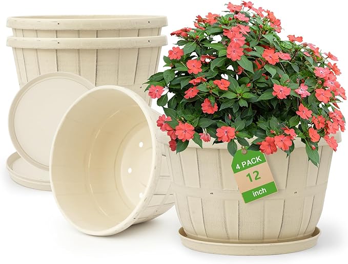 Quarut 12 Inch Large Planter Pot for Plants Indoor Outdoor, 4 Pack Plastic Flower Pots with Drainage Hole & Tray, Modern Decorative Garden Pot with Saucer, Plant Container for House（White）-Ruum Studio Home