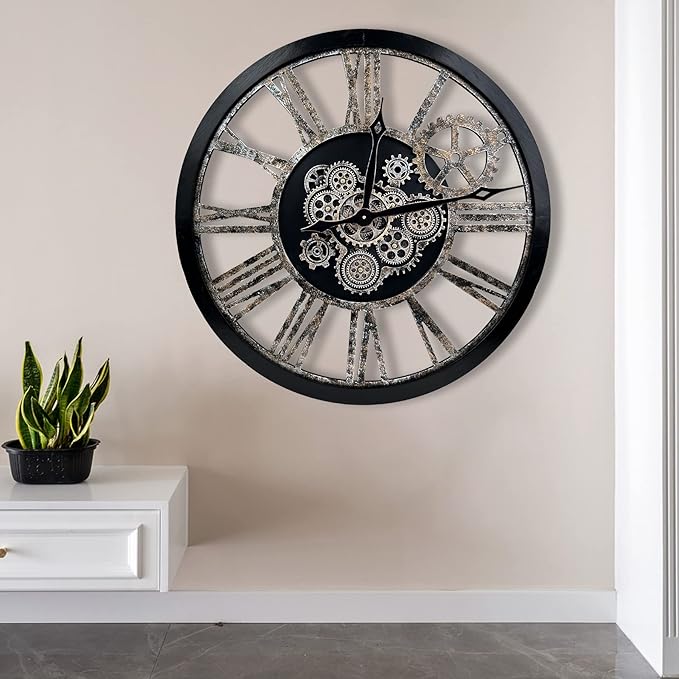 The B-Style Large Real Moving Gears Wall Clock 30 inch Rustic Retro Industrial Farmhouse Wood Clock Oversized Decorative Vintage Wall Clocks for Living Room (Black)-Ruum Studio Home