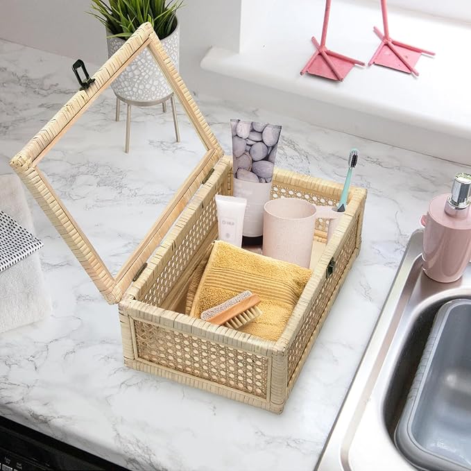 Rattan Decorative Boxes with Glass Lids, Set of 3 Sizes Boho Natural Hand-woven Cane Home Decor Organizers Storage Bins, Display Boxes Natural Finish-Ruum Studio Home