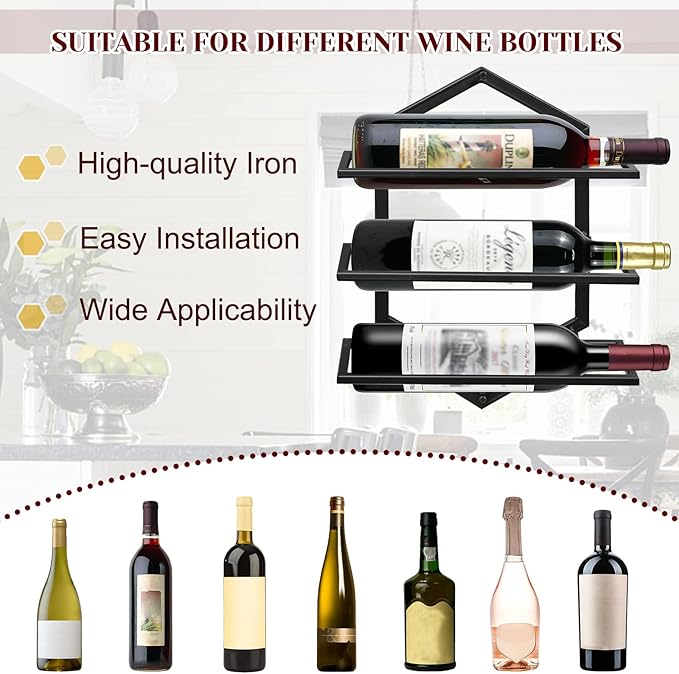 2Pcs Wall Mounted Wine Stemware Rack, Metal Hanging Wine Glass Display Holde Holds 3 Bottles, Elegant Storage for Kitchen Dining Room Bar Wine Cellar-Ruum Studio Home