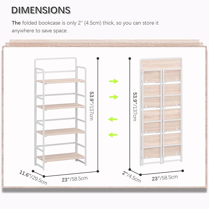4NM No Assembly Foldable Bookshelf, 4-Shelf Collapsible Bookcase Storage for Small Spaces, 54" H, Natural White-Ruum Studio Home