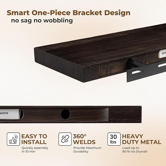 Axeman Floating Shelves for Wall - 40''W x 8'' D Rustic Solid Elm Wood Shelves for Storage, Wall Mounted Display Shelving with Invisible Heavy-Duty Metal Bracket (Walnut, 2PCs)-Ruum Studio Home