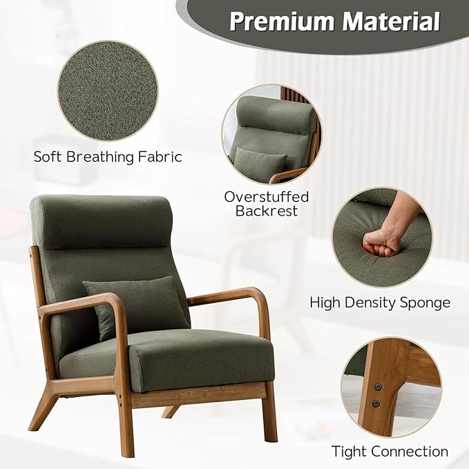 INZOY Mid Century Modern Accent Chair with High Back, Upholstered Living Room Chairs with Waist Cushion, Wood Frame Reading Armchair for Bedroom Sunroom, Green-Ruum Studio Home