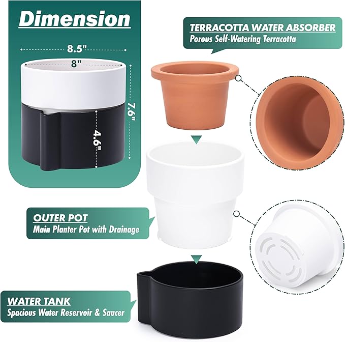 8 Inch Self-Watering Planter Pot with Terracotta Insert, Deep Water Reservoir, and Ceramic-Alike BPA-Free Plastic Planter Pot for Plant, Modern Planter for Houseplants, Black/White, 53-C-T-7-Ruum Studio Home