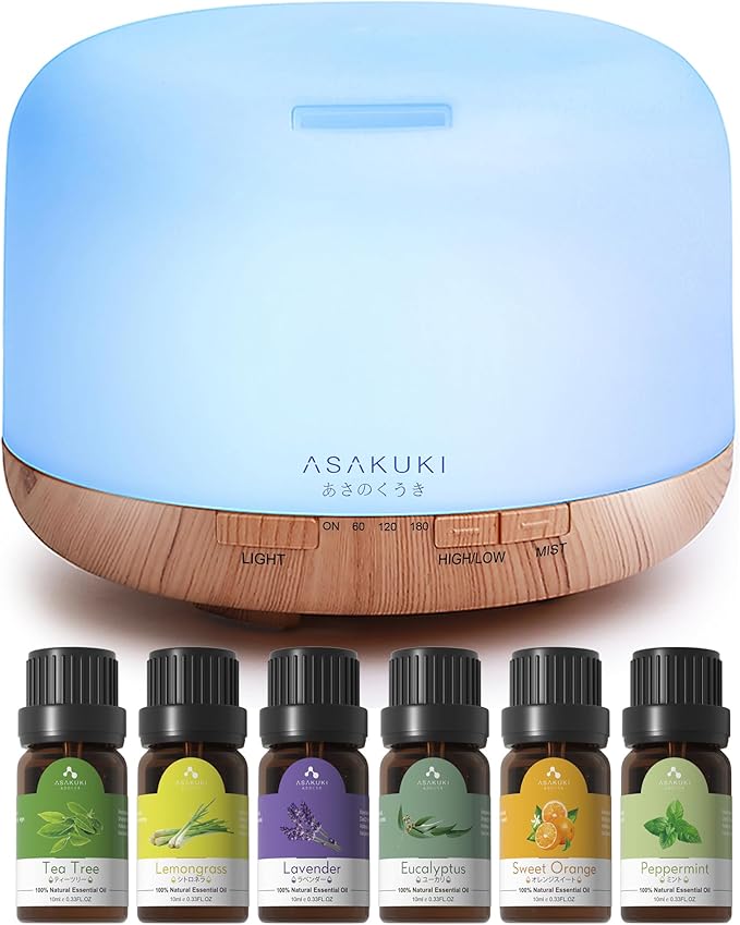 ASAKUKI Oil Diffuser with Essential Oils Set, 500ml Aromatherapy Humidifier with 14 LED Colors & Auto Shut-Off - 6 Oil Gift Pack(Lavender Eucalyptus Tea Tree Orange Peppermint Lemongrass)-Ruum Studio Home