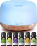 ASAKUKI Oil Diffuser with Essential Oils Set, 500ml Aromatherapy Humidifier with 14 LED Colors & Auto Shut-Off - 6 Oil Gift Pack(Lavender Eucalyptus Tea Tree Orange Peppermint Lemongrass)-Ruum Studio Home