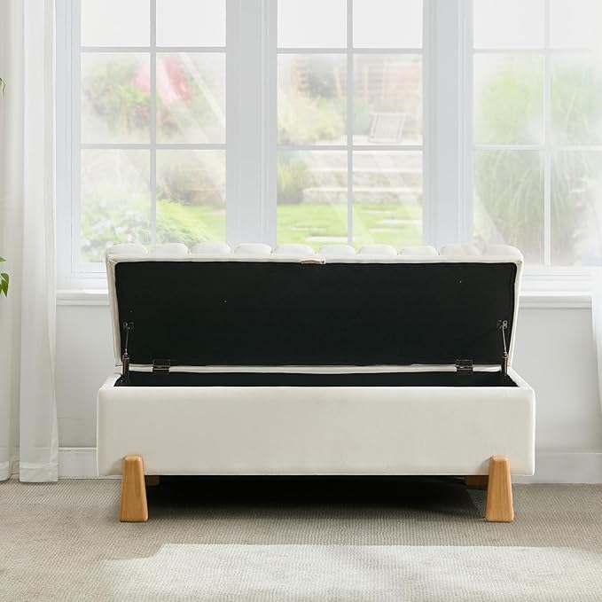 Storage Ottoman Bench for Bedroom Small Spaces 48.6 Inch with Hinged Lid Solid Wood Tapered Legs Tufted Upholstered Fabric for Living Room & Bedroom, Beige-Ruum Studio Home