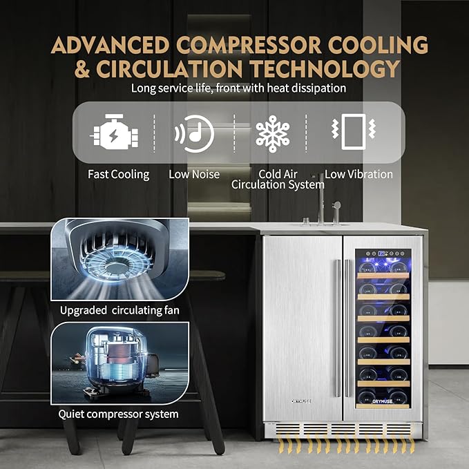 Wine and Beverage Refrigerator, 24 Inch Stainless Steels Beverage Fridge Dual Zone, Wine Beverage Cooler Built-in or Freestanding with Upgraded Cooling, 20 Bottles and 88 Cans Large Capacity-Ruum Studio Home