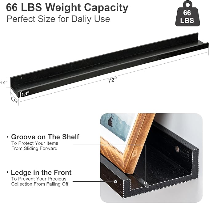 Floating Picture Ledge Shelves 72 Inch Solid Oak Wood Set of 2, Rustic Wall Storage Shelves with Lip, Kids Bookshelf, Photo & Picture Ledge Shelves for Bedroom, Living Room, Kitchen-Ruum Studio Home