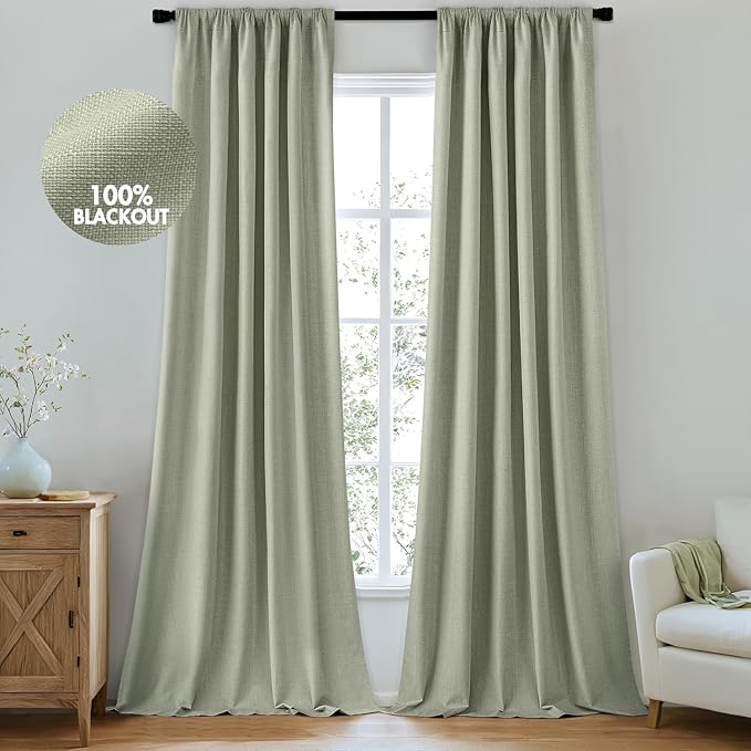 MIULEE 100% Blackout Curtains 84 Inch Long 2 Panels for Bedroom, Thick Luxury Faux Linen Black Out Curtain Room Darkening Back Tab Pleat Window Textured Drapes with Hooks for Living Room, Sage Green-Ruum Studio Home
