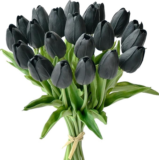 Mandy's Artificial Tulips 20 Stems Black PU Faux Flowers for Wedding Home Decor 13.5 Inch-Ruum Studio Home