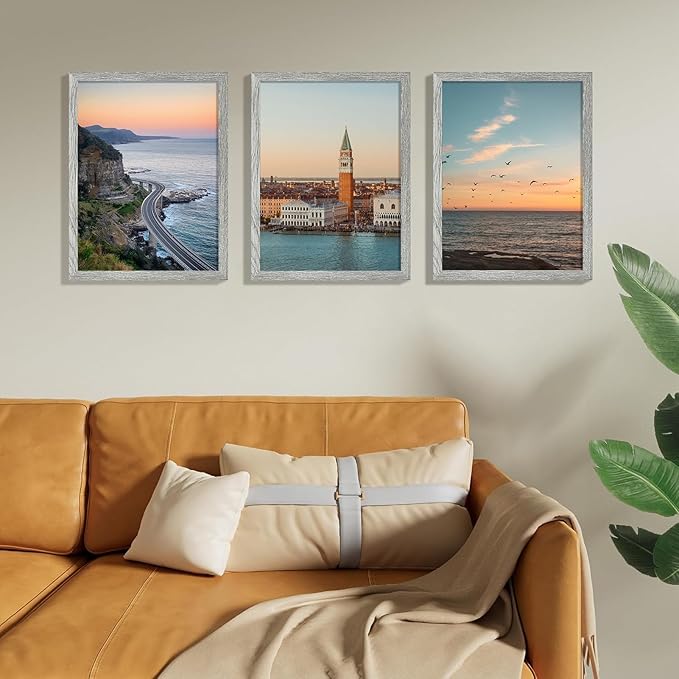 Vittanly 12x16 Picture Frames Set of 9, Shatter Resistant Plexiglass, Display 11x14 Pictures with Mat or 12x16 without Mat, Photo Frames for Wall Mount, Engineered Wood, Grey-Ruum Studio Home