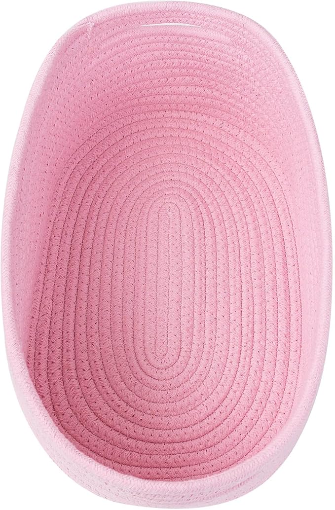 Cute Baskets for Shelf Storage Small Woven Basket to Store and Organize Daily Items/Durable Rope Basket for Living Room, Bedroom,Playroom/Oval-13x8.66x5.11’’,Stylish 3 Packs Pink-Ruum Studio Home