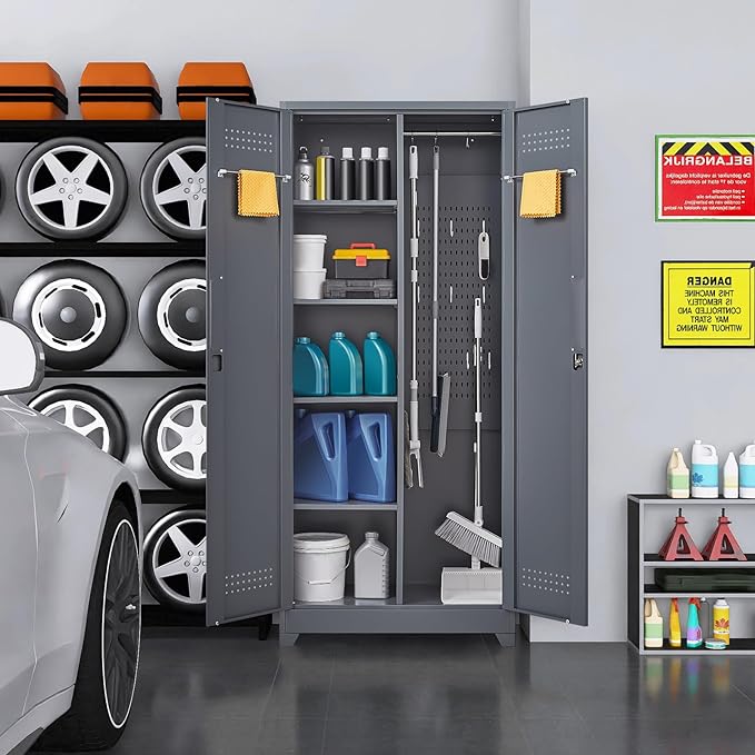 Lockable Storage Cabinet,Utility Closet with Doors and Shelves,SteelGarage Cabinet with Adjustable Shelves for Home,Garage,Gray-Ruum Studio Home