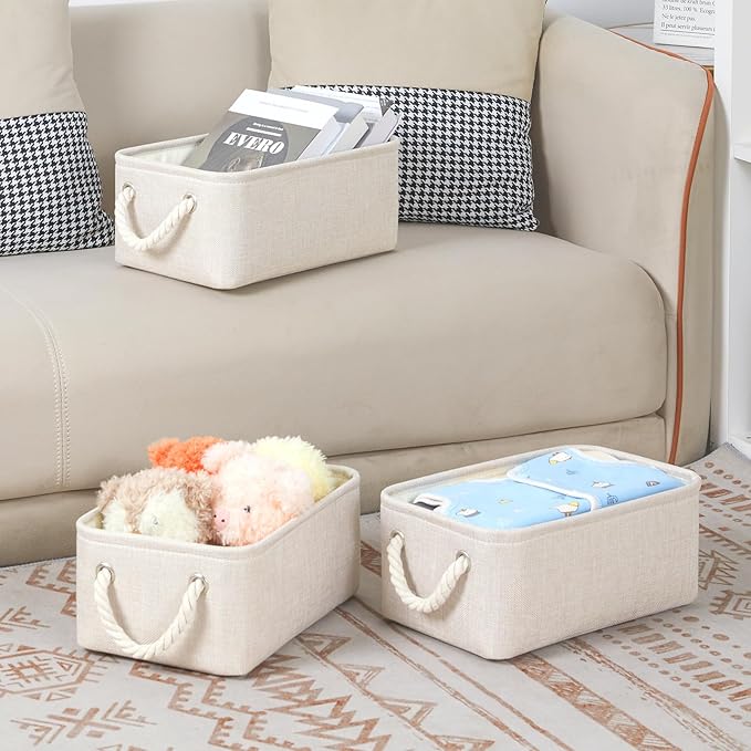 Bidtakay Small Storage Bins for Shelves 3 Pack Fabric Storage Baskets for Organizing 12x8x5 Inch Closet Storage Bins Linen Collapsible Organizer for Closet-Light Biege-Ruum Studio Home