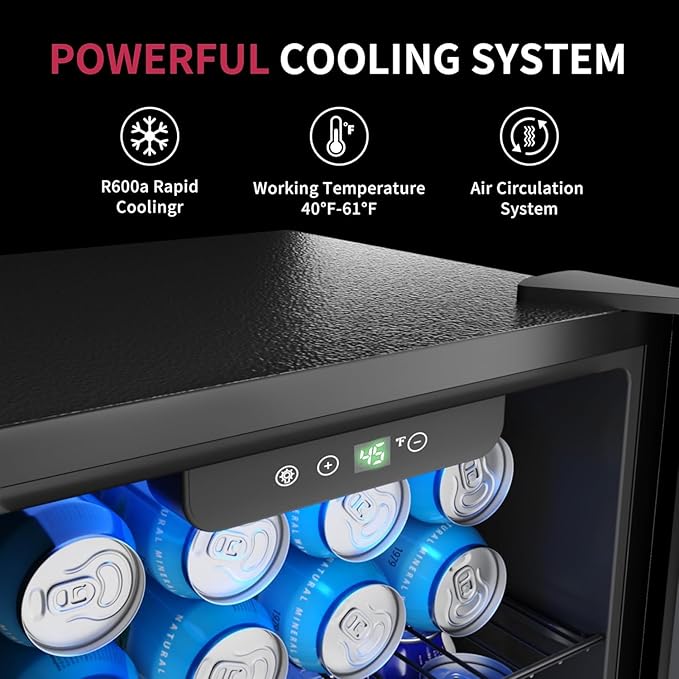 48 Can Beverage Refrigerator Cooler, Mini Fridge Glass Door with Adjustable Shelves, Freestanding Beverage Fridge with Blue LED for Home/Office/Dorm/Bar, 1.3 Cu.ft-Ruum Studio Home