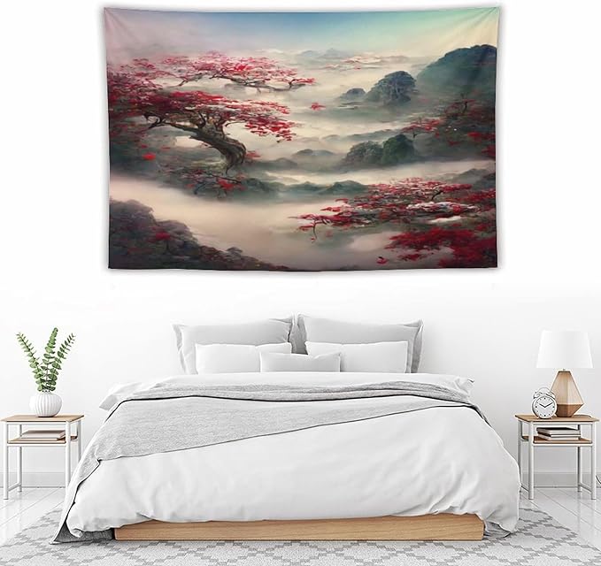 Japanese Tapestry, Red Plum Cherry Blossom Mountain Tapestry, Asian Japanese Wall Tapestry, Nature Landscape Tapestries for Bedroom Living Room Decor 90"x60"-Ruum Studio Home