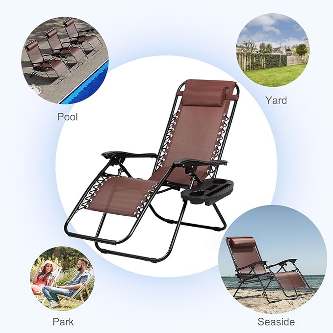 Nazhura Set of 2 Relaxing Recliners Patio Chairs Adjustable Steel Mesh Zero Gravity Lounge Chair Beach Chairs with Pillow and Cup Holder Khaki (Brown)-Ruum Studio Home