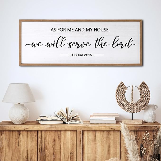 As For Me And My House We Will Serve The Lord Framed Wall Art, 32''×12'' Horizontal Positive Religious Rustic Bible Verse, Vintage Holy Catholic Scripture Decor for Christian God Jesus Christ Prayer-Ruum Studio Home