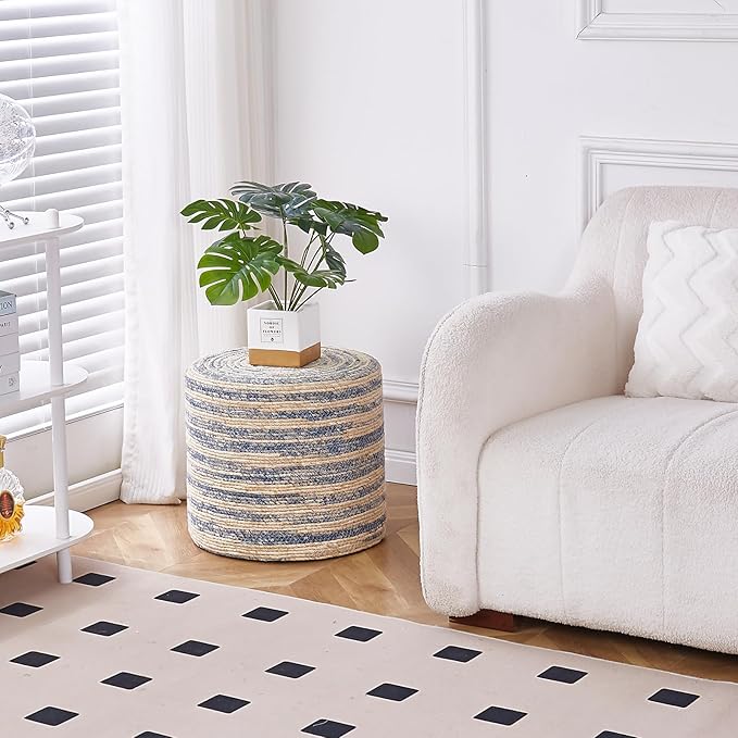 Wimarsbon 18'' Ottoman Pouf, Natural Braided Poof, Rustic Handweave Lounge Pouffe, Boho Footrest Stool for Bedroom, Accent Table for Living Room (Blue Corn Husk)-Ruum Studio Home