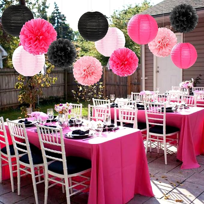 Hot-Pink Black Party-Decorations Paper Flowers Lanterns - 15PCS Graduation Birthday Tissue Pom Poms Streamers,Baby Girl Women Bachelorette Hanging Supplies Decor Hugfond-Ruum Studio Home