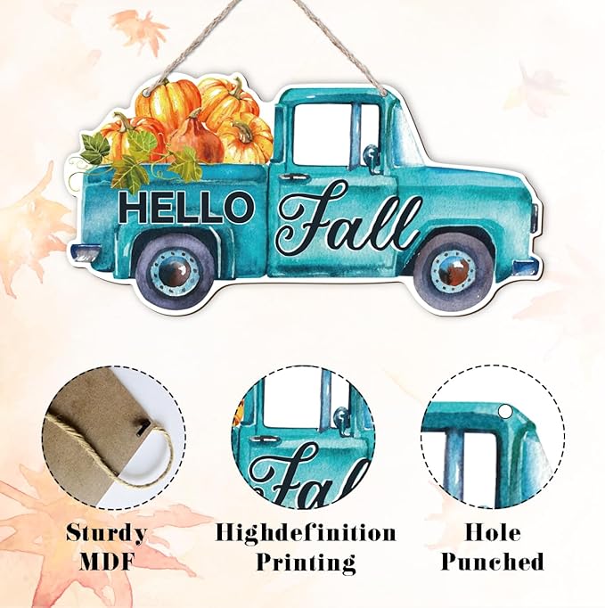 Fall Door Hanger - Pumpkin Welcome Sign, Hello Fall Wood Hanging Decors, Rustic Thanksgiving Decorative for Porch, Indoor Outdoor Autumn Door Decor(Truck), Housewarming Gift, Home Indoor Outdoor Deco-Ruum Studio Home