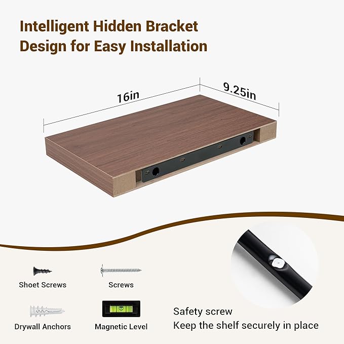 16 Inch Floating Shelves, 16"x9.25"x1.5" Inch Deep Floating Shelves for Wall, Wooden Shelves for Bathroom, Bedroom, Living Room, Walnut-Ruum Studio Home