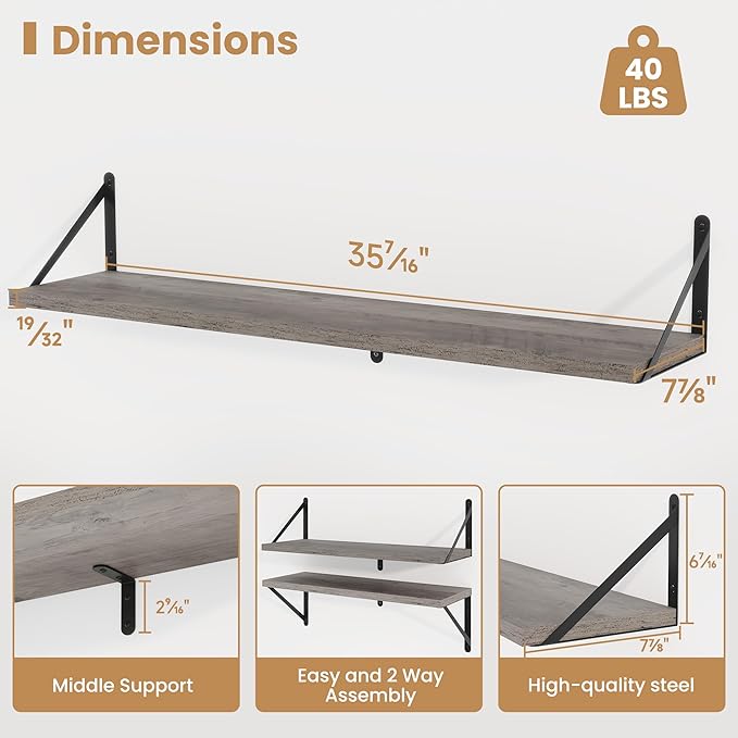 Heimlove 36 Inch Floating Bookshelves Set of 3,Wall Bookshelf Heavy Duty Wall Mounted Bookshelves for Living Room,Bedroom,Kitchen,Laundry Room Storage & Decor,Silver Grey-Ruum Studio Home