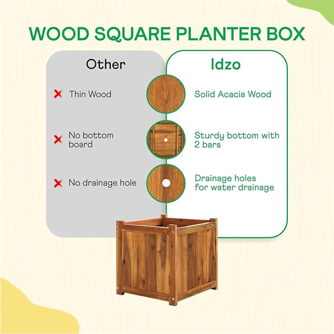 IDZO Set of 2 Acacia Wood Flower Planters for Outdoor Plants, Ergonomic Handles, Drainage Holes, Various Sizes, Ideal for Home Décor, Light Cherry-Ruum Studio Home