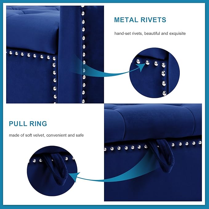 Storage Ottoman Bench, Velvet Upholstered Footstool for Bedroom and Living Room, Tufted Seat with Storage, Wooden Legs & Metal Rivets, Dark Blue-Ruum Studio Home