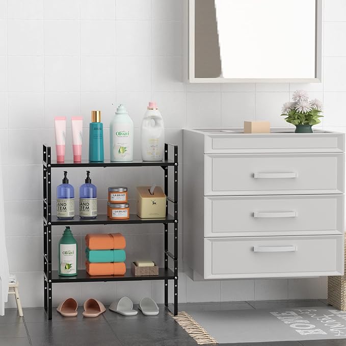 iPEGTOP Expandable Cabinet Storage Shelf Organizer Rack, Heavy Duty Steel Metal Spice Rack Adjustable Height Home Office Garage Pantry Shelf Space Riser for Counter Kitchen Organization, Black, 3 Pack-Ruum Studio Home