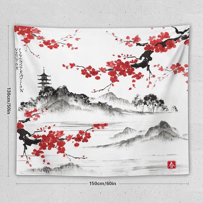 Cherry Blossoms Tapestry, Japanese Fuji Mountain Tapestry, Asian Japanese Wall Tapestry, Nature Landscape Tapestries for Bedroom Living Room Decor 60"x50"-Ruum Studio Home