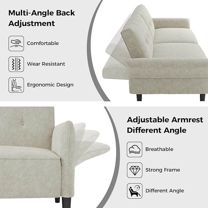 89” Futon Sofa Bed, Comfy Futon Couch Bed with 2 Square Pillows, Convertible Sleeper Sofa with Adjustable Backrest& Armrests, Modern Loveseat Sleeper for Living Room, Bedroom, White-Ruum Studio Home