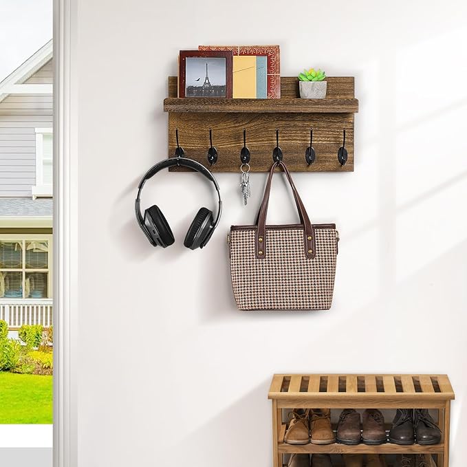Shelf with Hooks, Coat Rack Wall Mount with 6 Double Metal Hooks, 17 Inch Farmhouse Wall Hooks with Shelf, for Entryway, Bathroom, Kitchen, Rustic Brown-Ruum Studio Home