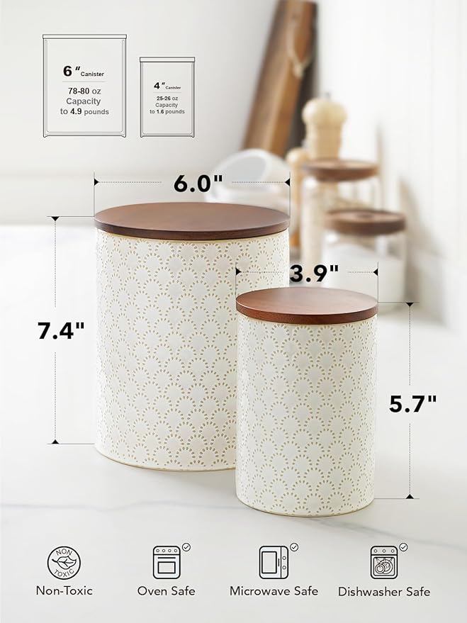 LE TAUCI Food Storage Containers with Airtight Lids, 78/25 oz Ceramic Sugar Canisters Sets, Embossed Large Jars for Pasta, Oats, Coffee Bean, Cookies, Rice, Grains, Tea - Set of 2, Fireworks-Ruum Studio Home