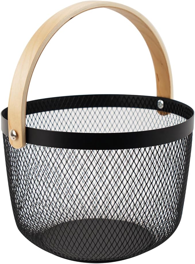 Metal Mesh Steel Basket, Garden Harvest Basket for Gathering Vegetables Round Wire Basket with Handle Storage Organizer Multi-functional Hanging Fruit Basket for Kitchen Bathroom Picnic-Ruum Studio Home