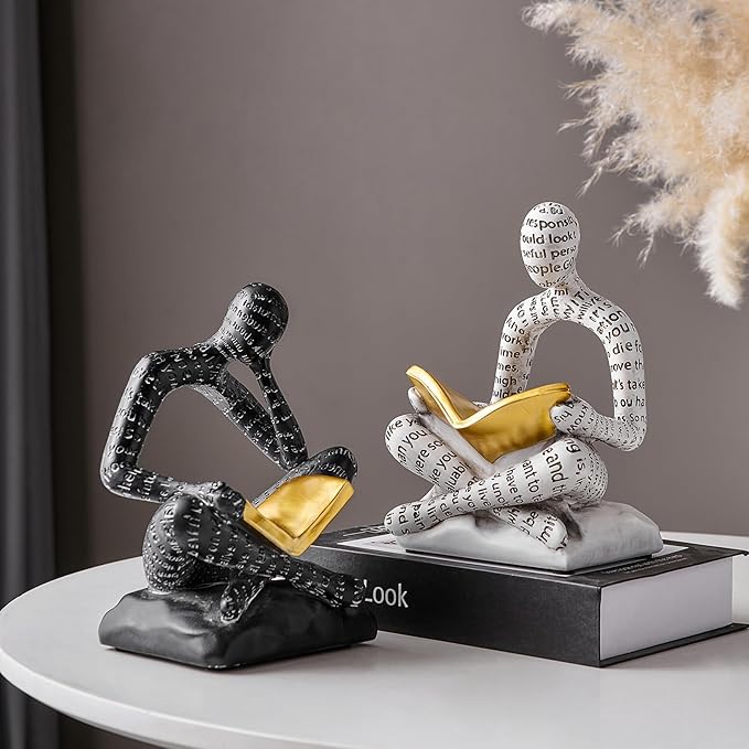 Heavy Duty Book Ends for Shelves, Thinker Decorative Bookends for Heavy Books, Unique Book Stoppers to Hold Book, Bookshelf Accessories, Modern Home Office Decor Aesthetic Black & White-Ruum Studio Home