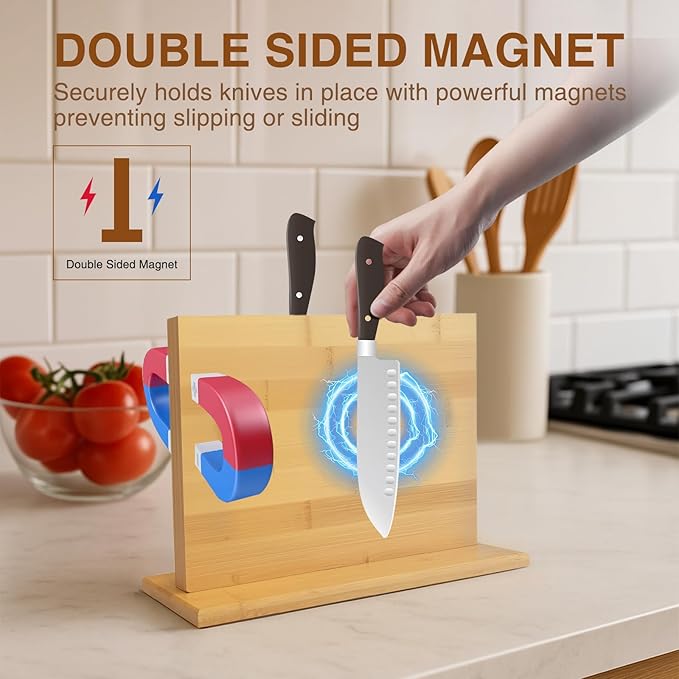 Magnetic Knife Block 28 x 19 Inches, Double Sided Magnetic Knife Holder Rack for Kitchen Counter, Acacia Wood Magnetic Knife Storage Stand with Knife Sharpener-Ruum Studio Home