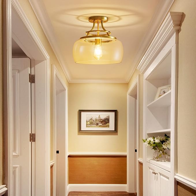 WUZUPS Chandelier Rustic Farmhouse Industrial Round Semi-flushmount Ceiling LED Light Fixture with Clear Glass Shades for Bathroom Kitchen Foyer Entryway, H 11.8" x W 13.4", E26 Base, Brushed Gold-Ruum Studio Home