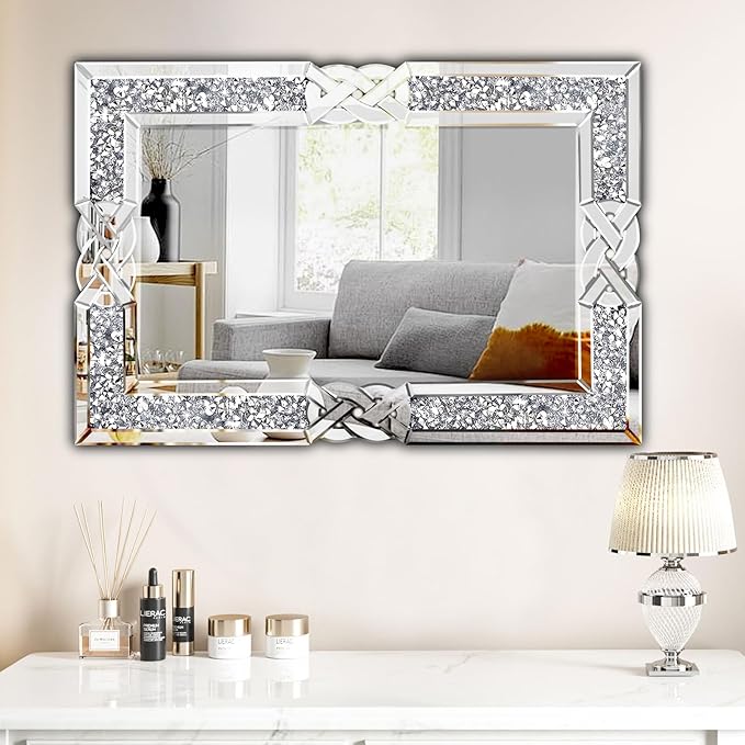 Crushed Diamond Decorative Wall Mirrors, 27.7x39.5 Inch Rectangle Living Room Mirrors for Wall Decor, Modern Glam Bathroom Dining Room Entryway Mirror Silver-Ruum Studio Home
