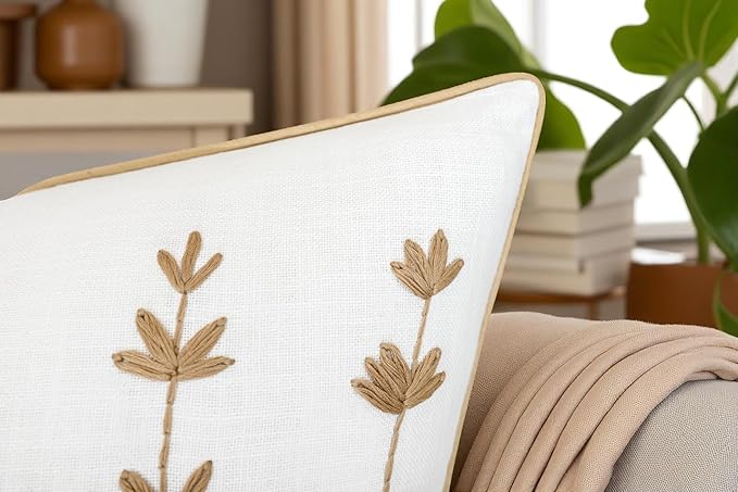 VAGMINE Hand Embroidered Daisy Accent Throw Pillow Cover - 18x18 Inches Square - 100% Cotton Ivory Decorative Cushion Cover for Couch, Sofa, Living Room - Textured Embroidery - Cozy Floral Home Décor-Ruum Studio Home